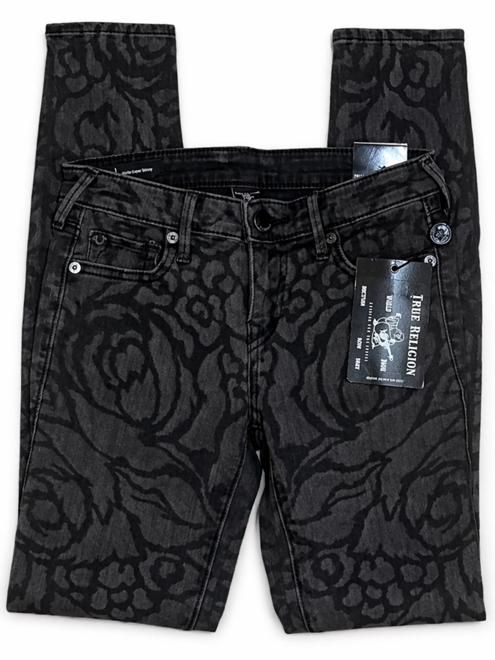 True Religion Halle Skinny Jeans Black Tonal Floral Print Stretch Denim NWT - Picture 3 of 8